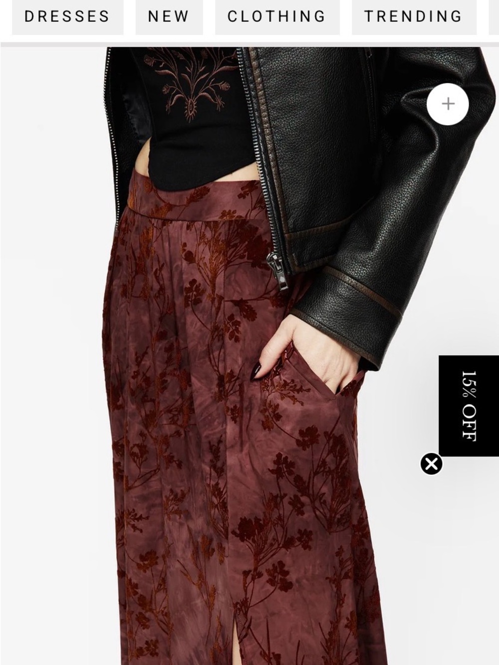 Disturbia Wytchelm Burgundy Floral Velvet Maxi Skirt with Side Slit - Picture 2 of 10